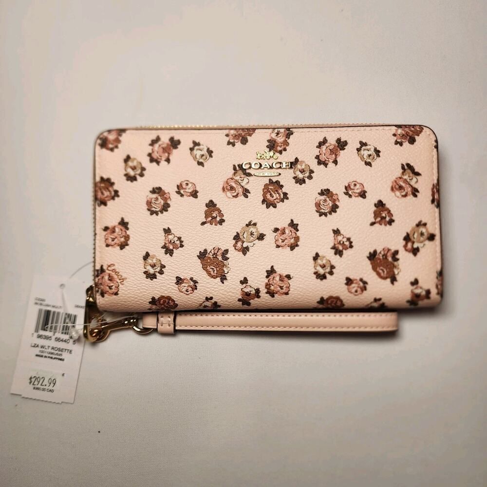 NWT COACH CZ329 Long Zip Around Wallet/Wristlet With Rosette Print Blush Multi